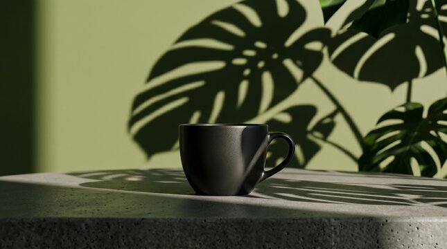 Artistic still life featuring a black coffee cup with tropical leaf shadows and natural sunlight on a textured surface.