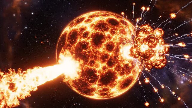 Tracking shot of fiery star eruption as blazing projectile impacts neighboring sun in deep space nebula background