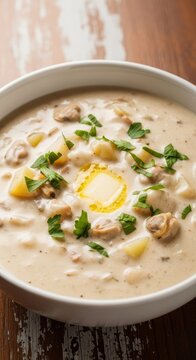 Thick and rich creamy clam chowder served in a white ceramic bowl, garnished with chopped parsley, ready for a warm and comforting meal, creamy, texture, hearty