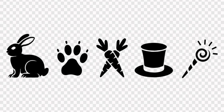 Set of black silhouette icons for Easter and celebration featuring a cute bunny rabbit, animal paw print, crossed carrots, magician top hat, and a party blower transparent background, holiday and pro.