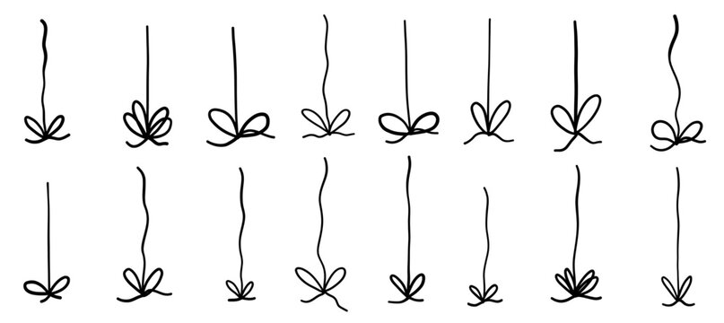 Hand drawn bow gift string hanging decoration garland. Ideal for collage. scrapbook. bowknot sketch vector elements.
