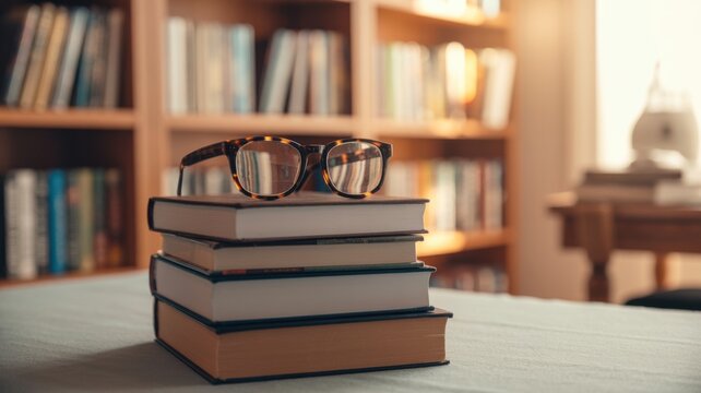 Stack of books with glasses on wooden desk in warm home library