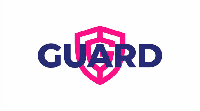 Minimalist vector illustration featuring the dark blue word 'GUARD' overlaid on a stylized pink shield icon, symbolizing protection and security.