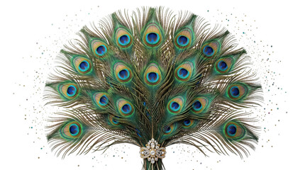 Obraz premium Peacock feather fan with a decorative crystal brooch handle isolated on transparent background