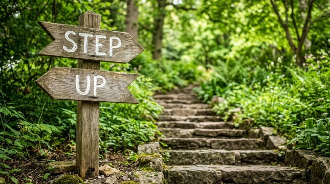 Wooden signpost reading Step Up next to stone stairs in a green forest