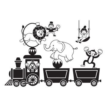 Circus train vector illustration with clown, elephant, lion, monkey, and child performer for kids' entertainment design