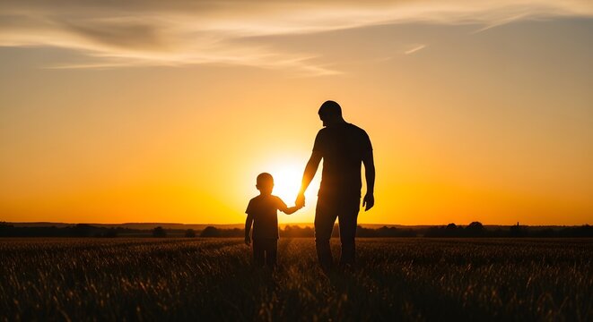 Father day silhouette dad and son walking in golden field at sunset
