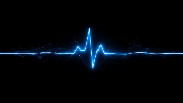 Blue ECG Heartbeat Line with Digital Particle Wave on Black Background