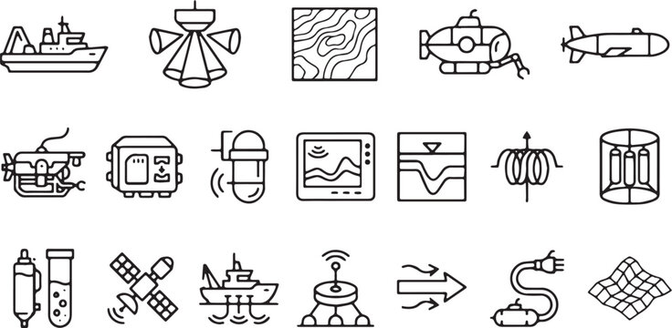 Deep sea exploration and sonar mapping vector icon set, professional monoline line art with crisp edges for biotechnology, scientific research, oceanography, marine technology, high resolution