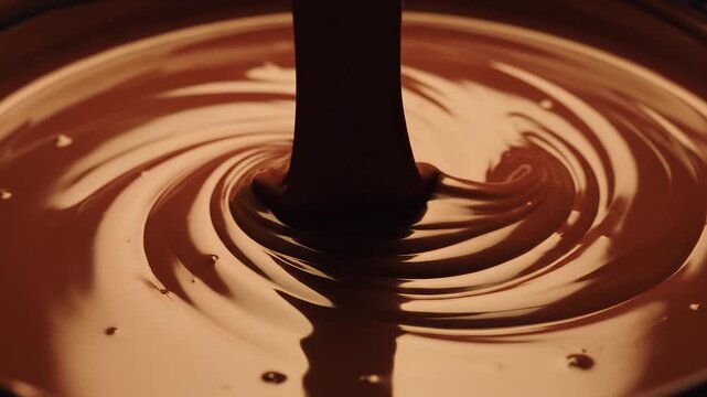 Slow motion closeup of melted chocolate pouring and swirling into shallow bowl under warm studio lighting