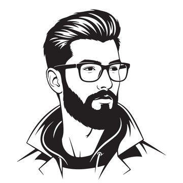 Black and white vector illustration of a bearded man with glasses and modern haircut for avatar or logo design