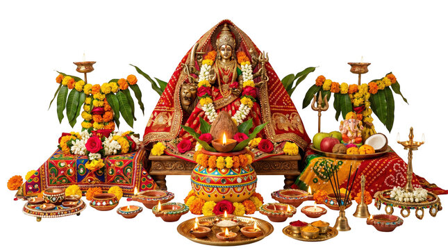 Navratri festival puja setup with goddess durga idol and decorations isolated on transparent background