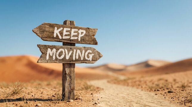 Wooden signpost reading Keep Moving in a vast desert landscape