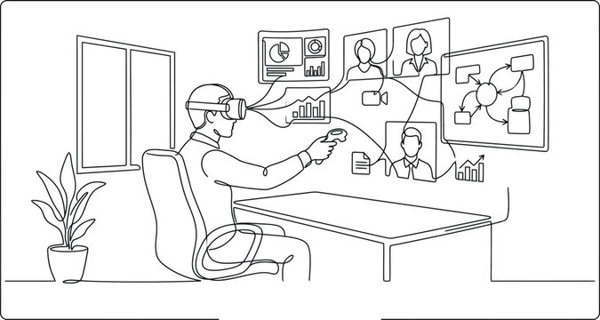 Man using VR headset for virtual collaboration, data visualization, and business strategy