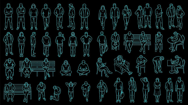 Top View People Poses CAD Vector Set with Casual Standing Sitting and Lifestyle Human Figure Collection Blueprint Technical Drawing