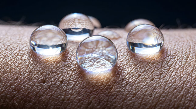 Macro view of clear water droplets on textured human skin surface
