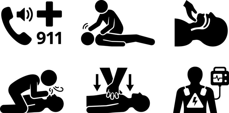 First Aid and CPR Emergency Icons Set. Vector