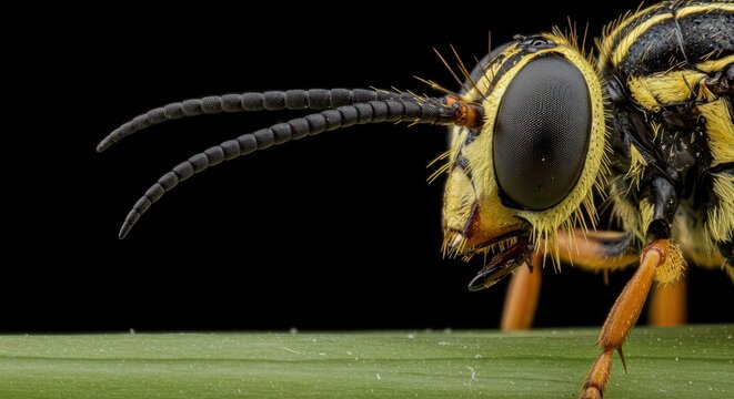 Extreme macro view of a sharp, dangerous stinger protruding from the abdomen of a striped flying insect, highlighting natural defense mechanisms, abdomen, threat, stinger