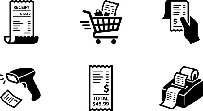 Receipt, billing and payment process icons
