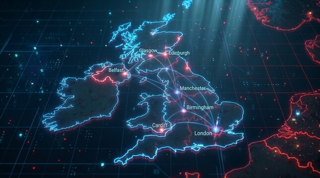 United Kingdom map displays a glowing digital network of interconnected cities and data nodes over a dark grid background.