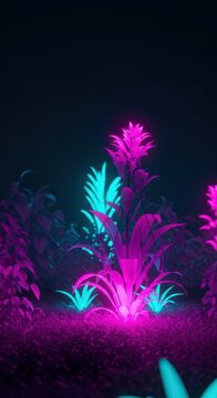 Surreal landscape of bioluminescent jungle foliage at night, saturated with electric pink, cyan, and deep ultraviolet light, futuristic, modern, vaporwave