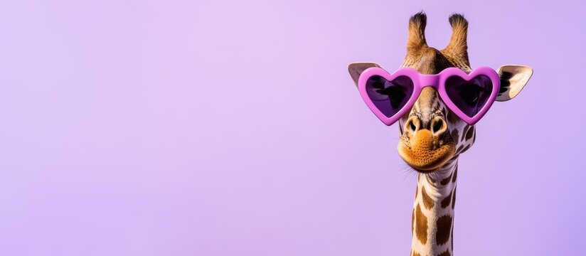 A giraffe wearing heart-shaped pink sunglasses against a purple background. The giraffe has a distinctive pattern of brown and cream spots.