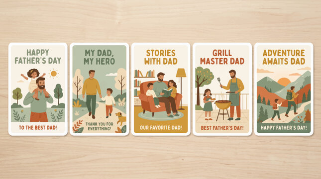 Happy Father's Day greeting card collection with cute dad illustration, stories with dad, grill master barbecue, hiking adventure, and family holiday quotes.