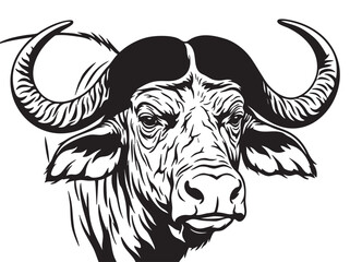 Fototapeta premium Black and white bull head, buffalo illustration, animal portrait, vector graphic