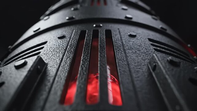 Dark Industrial Metallic Structure with Glowing Red Lights