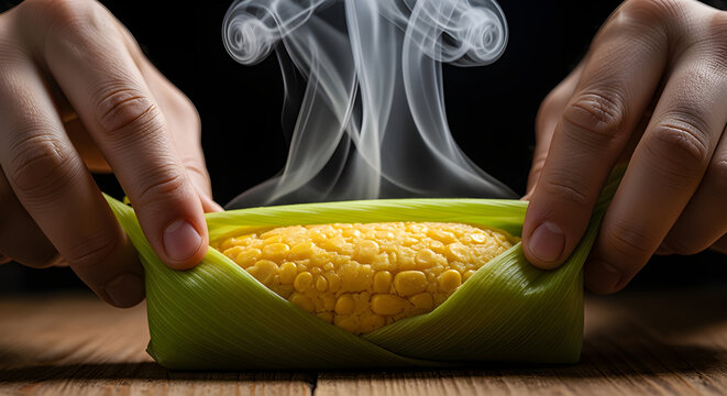 Hands Opening a Steaming Traditional Brazilian Pamonha