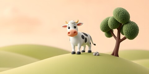 Fototapeta premium Plasticine clay style illustration of a cute cow standing on a grassy hill near a tree, handcrafted stop-motion look with soft, smooth clay textures.
