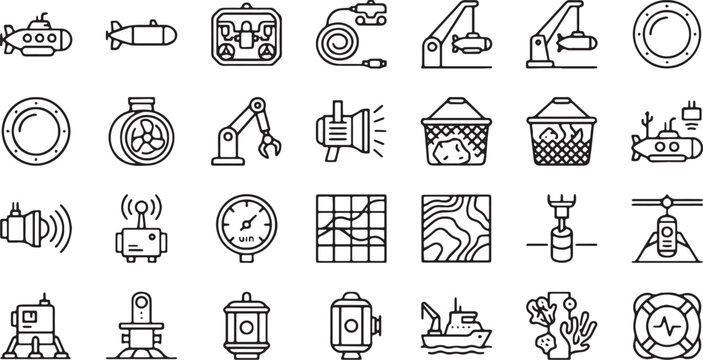 Deep-sea submersibles and marine technology monoline vector icon set, professional line art symbols for ocean exploration, high resolution, 8k