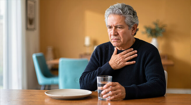 Senior Latino man experiencing heartburn or chest pain at a dining table. Elderly male touching his chest and holding a glass of water. Indigestion and seniors health concept