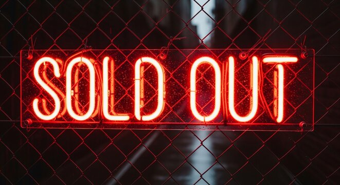 Red neon sign glowing 'SOLD OUT' in front of a blurred background behind a fence