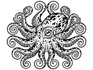 Ink, black, octopus illustration, sea creature, tentacles, vector graphic © হরি চাঁদের চাঁদ