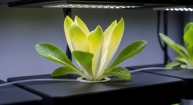 Fresh Belgian endive growing in an indoor hydroponic system with LED lights.