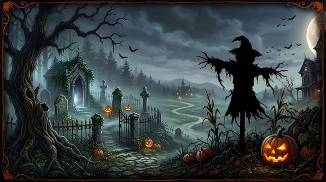Spooky halloween graveyard landscape with scarecrow and pumpkins