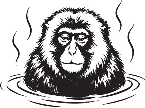 Monkey face, Japanese macaque, hot spring, vector illustration, black and white