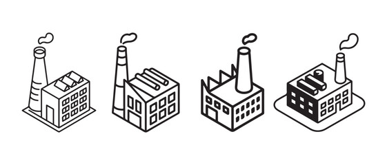 Naklejka premium Set of isometric factory building icons with chimneys emitting smoke in a clean minimalist line art style.