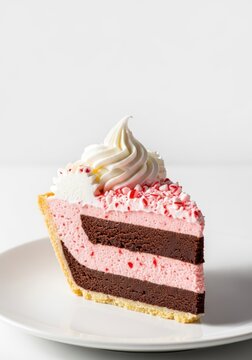 A decadent slice of layered chocolate peppermint pie topped with fluffy white whipped cream and sprinkled with festive crushed candy, festive colors, crushed candy, dessert