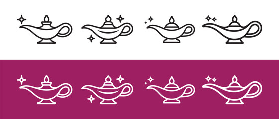 Set of magic genie lamp icons. with sparkles in flat linear style on white and purple backgrounds. © NadimStoker