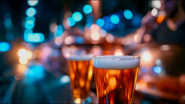 Two glasses of amber beer on a bar counter with blurred nightlife lights and a relaxed pub atmosphere