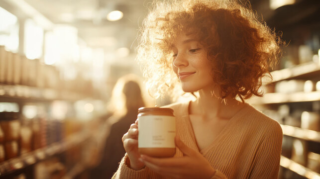 Smiling woman holding scented candle in store aisle