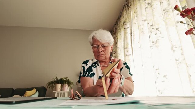 Senior Woman Counting Euro Banknotes and Coins at Table 
