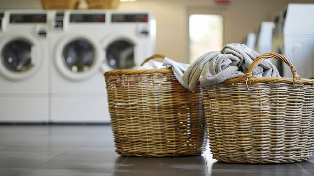 Laundry baskets in laundromat with washing machines room