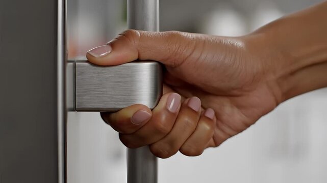 Close up of a hand opening a refrigerator door handle.