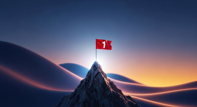 Celebrating goal achievement by placing a small marker flag on the highest peak, representing significant effort and conquering challenges, determination, dedication, winning