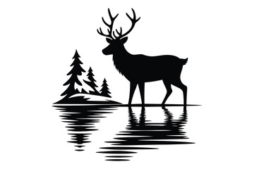 Silhouette of a majestic deer standing near a coniferous forest with water reflection © Sadek