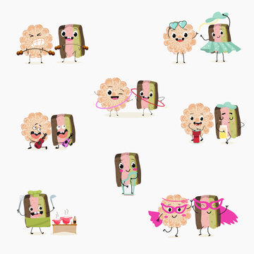 Funny Characters Pizzelle, Spumoni Shceg, italy dessert, hand drawn vector illustration.