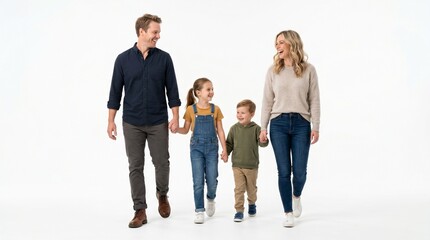 Fototapeta premium Perfect Family Walking Together with Joyful Smiles Ultra Realistic Family Lifestyle on White Background